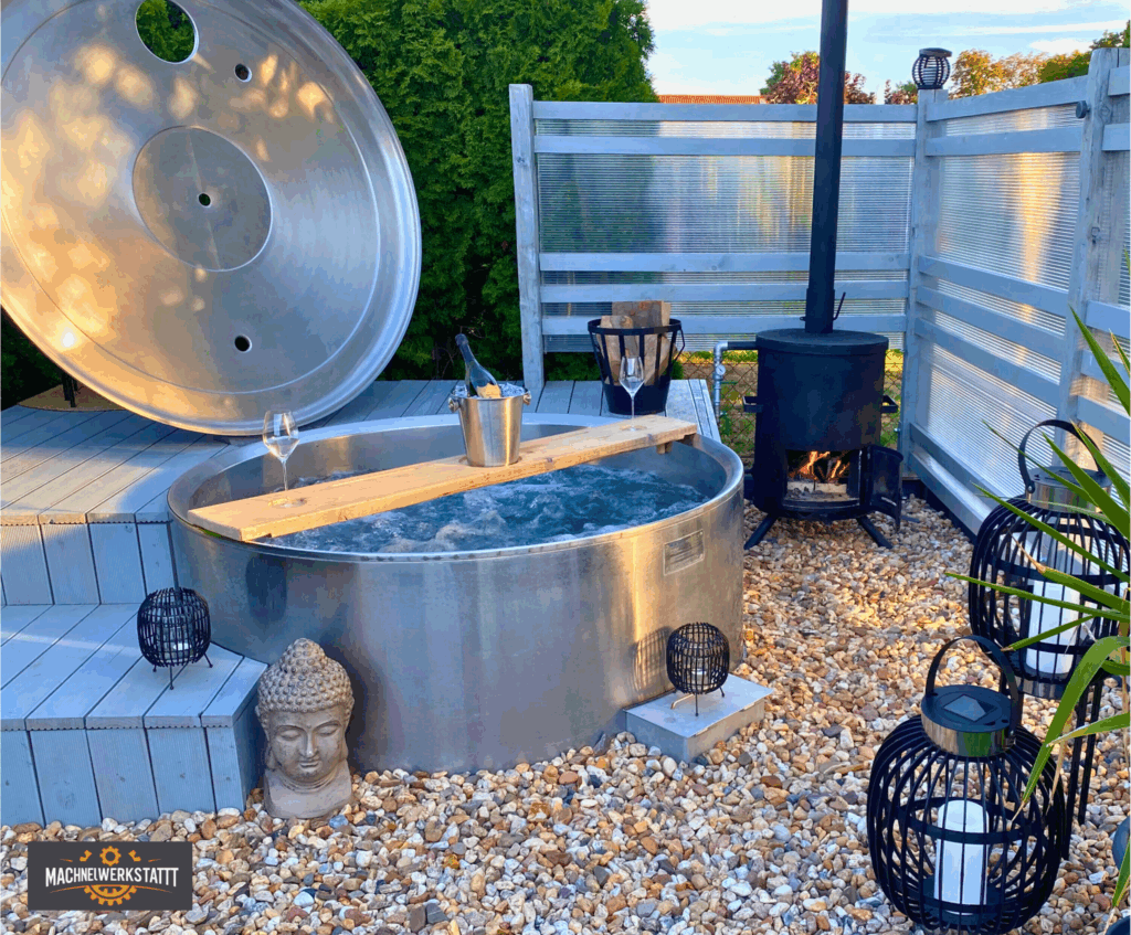 Upcycling Projekt: alter runder Edelstahl-Milchbehälter umgebaut zum luxuriösen Whirlpool mit Heizung