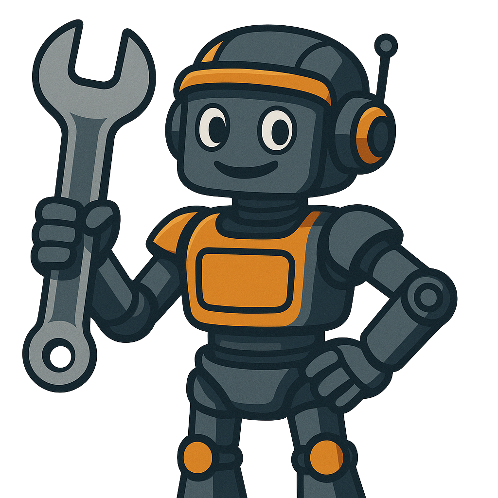 Roboter-Avatar mit Schraubenschlüssel – Symbol für KI-Tools im Heimwerken, Haus und Garten bei MachNeuWerkstatt