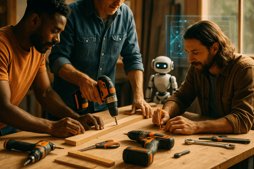 Handwerker und KI-Roboter arbeiten zusammen – Symbol für Zukunft des Selbermachens mit smarter Technik bei MachNeuWerkstatt