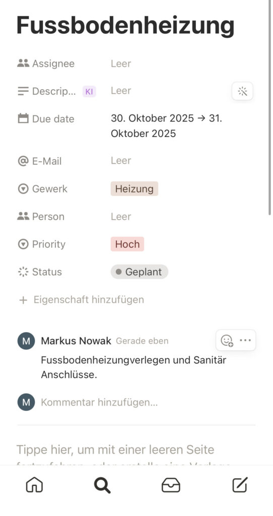 Notion Bautagebuch: Fußbodenheizung dokumentiert mit Fotos und Checkliste