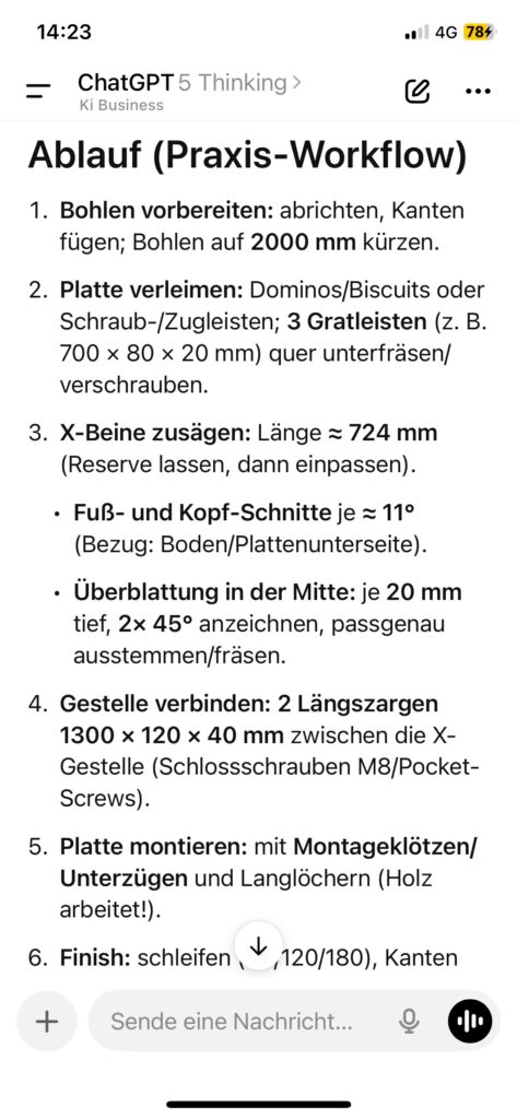 Screenshot ChatGPT-Chat mit Bauplan für Esstisch aus Gerüstbohlen – DIY-Anleitung und Maßplanung zum Selberbauen