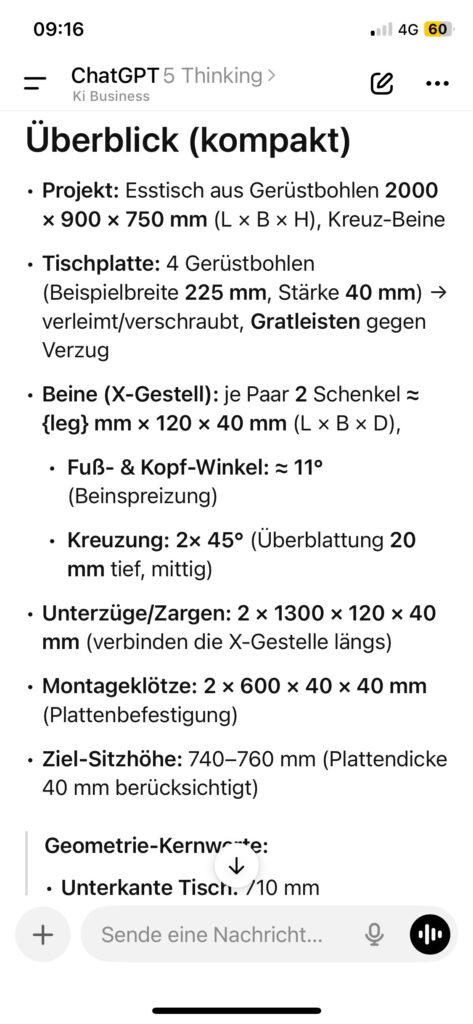 „Screenshot ChatGPT-Chat mit Bauplan für Esstisch aus Gerüstbohlen – DIY-Anleitung und Maßplanung zum Selberbauen“