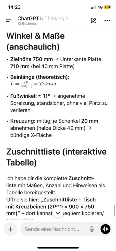 ChatGPT berechnet Winkel und Maße für den Tischbau – Screenshot Detailplanung