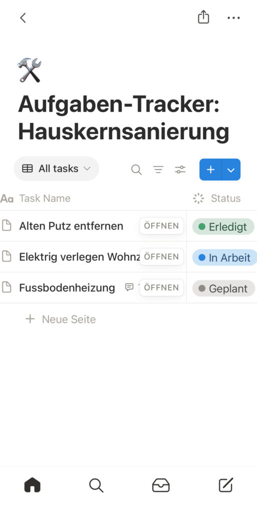 Screenshot Notion App – digitale Projektmanagement-Zentrale für Hausbau, Altbausanierung und DIY-Projekte