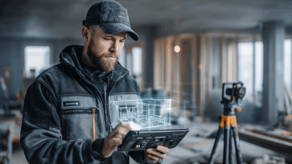 Screenshot Magicplan App – Raum im Rohbau mit Treppe per Smartphone scannen und digital ausmessen mit AR und KI-Technologie