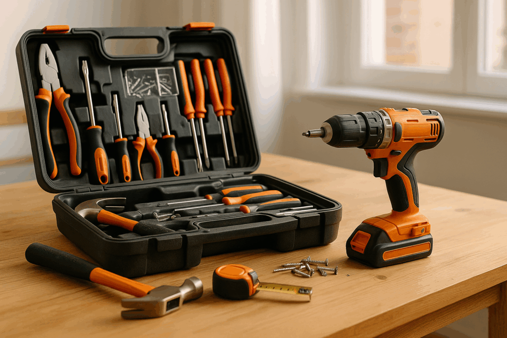 Kompaktes Werkzeugset für Einsteiger – Grundausstattung für die erste Wohnung mit Schraubendreher, Hammer, Zange und Maßband ordentlich angeordnet