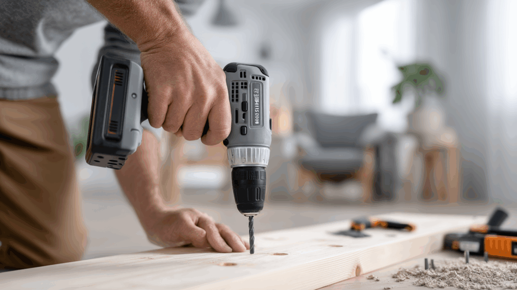 Akkuschrauber in Aktion – Schrauben in Holz und Metall, DIY-Handwerker beim Arbeiten mit Bewegung und Präzision