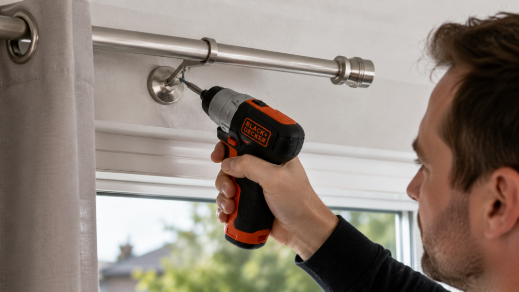 Black+Decker CS3653LC Mini-Akkuschrauber montiert eine Gardinenstange