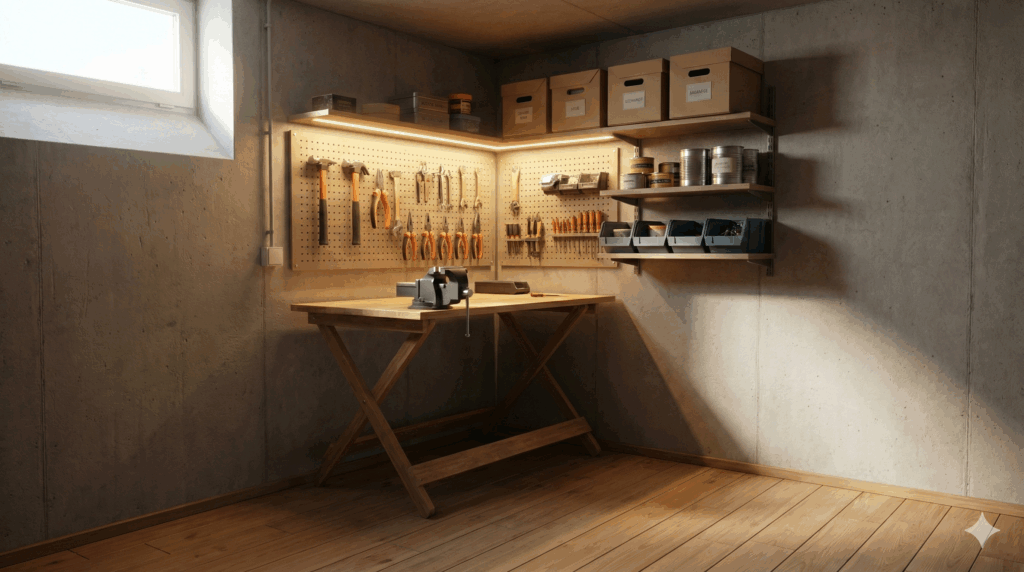 Heimwerker-Werkstatt in kleinem Raum eingerichtet – kompakte Werkbank mit Schraubstock, gut organisierte Regale und Werkzeugwand