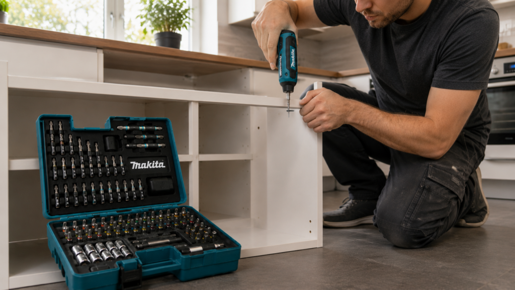 Makita DF001DW Mini-Akkuschrauber beim Küchenaufbau mit geöffnetem Bitkoffer
