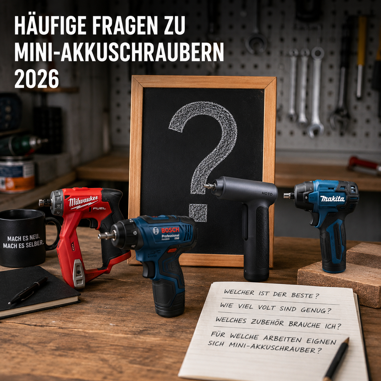 Häufige Fragen zu Mini-Akkuschraubern 2026 mit Modellen und Zubehör auf Werkbank