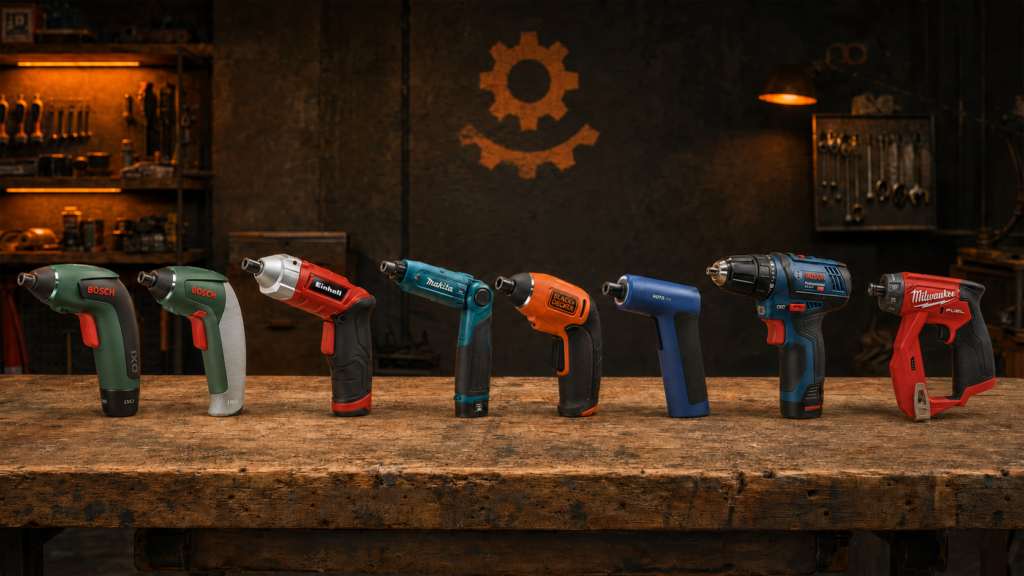 Acht Mini-Akkuschrauber im Vergleich 2026 auf einer Werkbank: Bosch IXO 8, IXO 7, Einhell, Makita, Black+Decker, HOTO, Bosch Professional und Milwaukee
