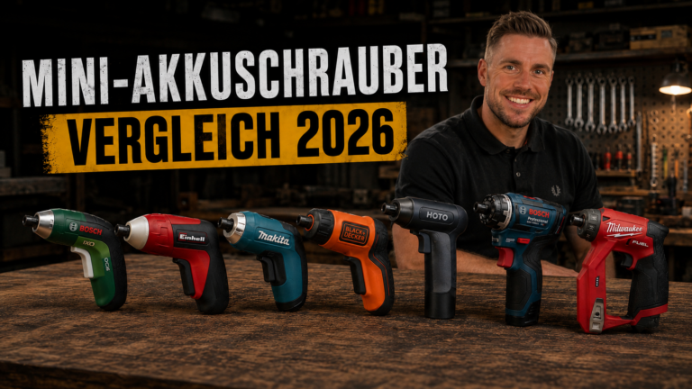 Mini-Akkuschrauber Vergleich 2026 mit sieben Modellen auf einer Werkbank
