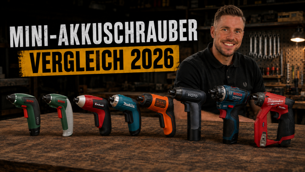 Mini-Akkuschrauber Vergleich 2026 mit acht Modellen auf einer Werkbank