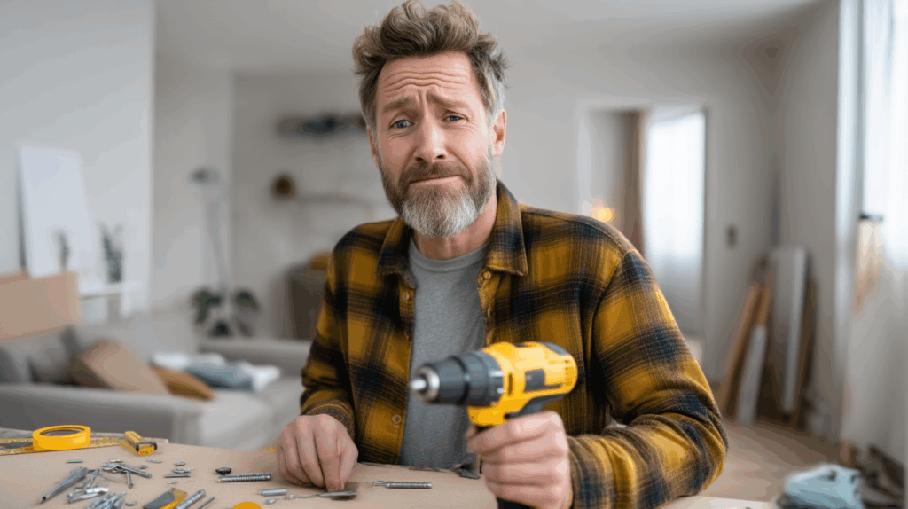 Humorvolles Bild mit typischen Heimwerker-Fehlern – schiefe Regale, falsches Maß, zu viel Dübelkleber und verdrehte Schrauben – DIY-Pannen mit Augenzwinkern