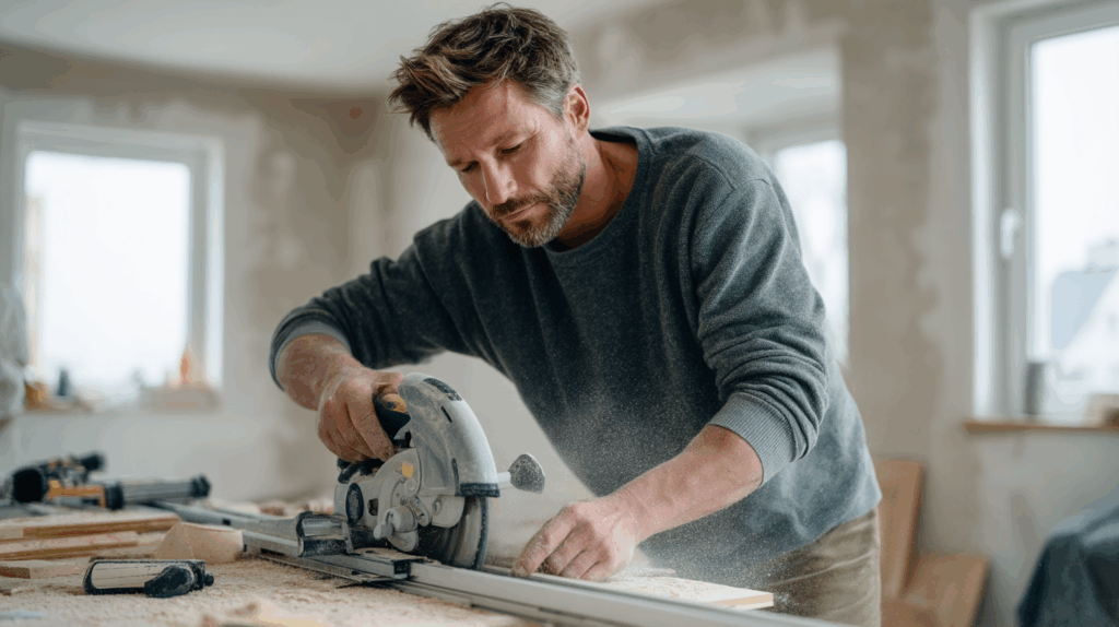 Handkreissäge mit Führungsschiene im Einsatz – Holzplatte präzise zuschneiden bei der Wohnraum-Renovierung. Werkzeug-Erstausstattung 2025
