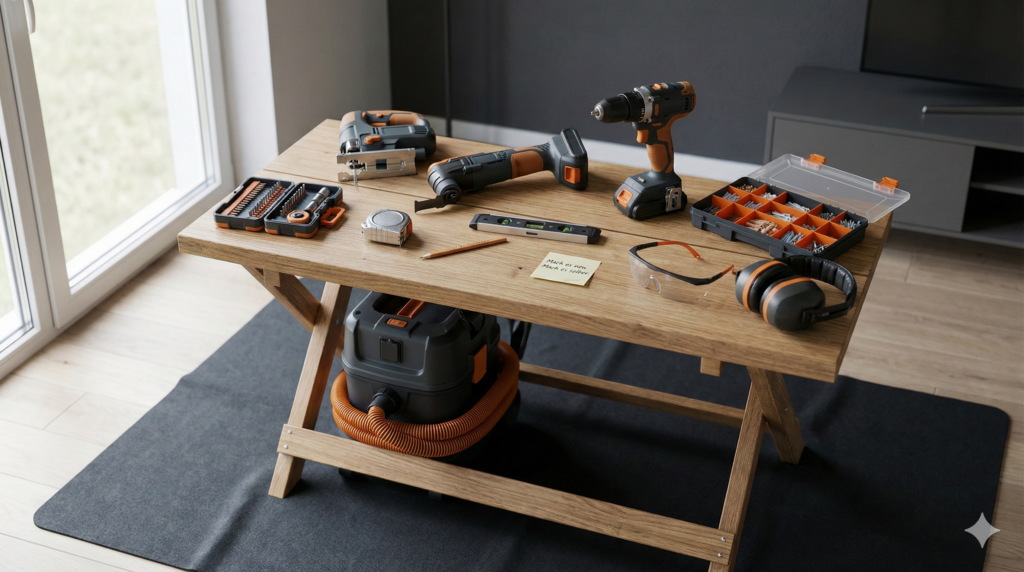 Kompakte Werkzeug-Erstausstattung 2026 für die Wohnung mit Akkuschrauber, Multitool, Bit-Set, Dübeln und kleinem Sauger auf Werkbank