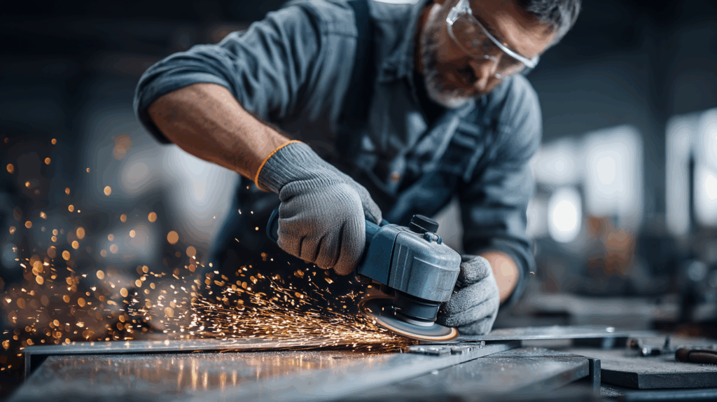 Winkelschleifer trennt Blechleiste – präziser, sauberer Schnitt ohne Funkenregen beim Metallbearbeiten in der Werkstatt