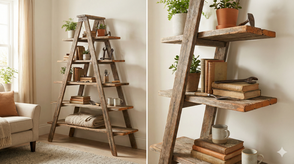 „DIY-Bücherregal aus alter Holzleiter im Vintage-Stil – fotorealistisches ChatGPT-Projekt mit Pflanzen-Deko in gemütlicher Wohnzimmerecke bei warmem Licht