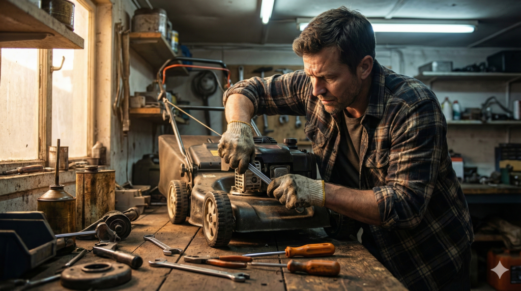 Heimwerker in der Garage schraubt an einem Rasenmäher-Motor – Werkzeug, Werkbank und Ersatzteile im Hintergrund