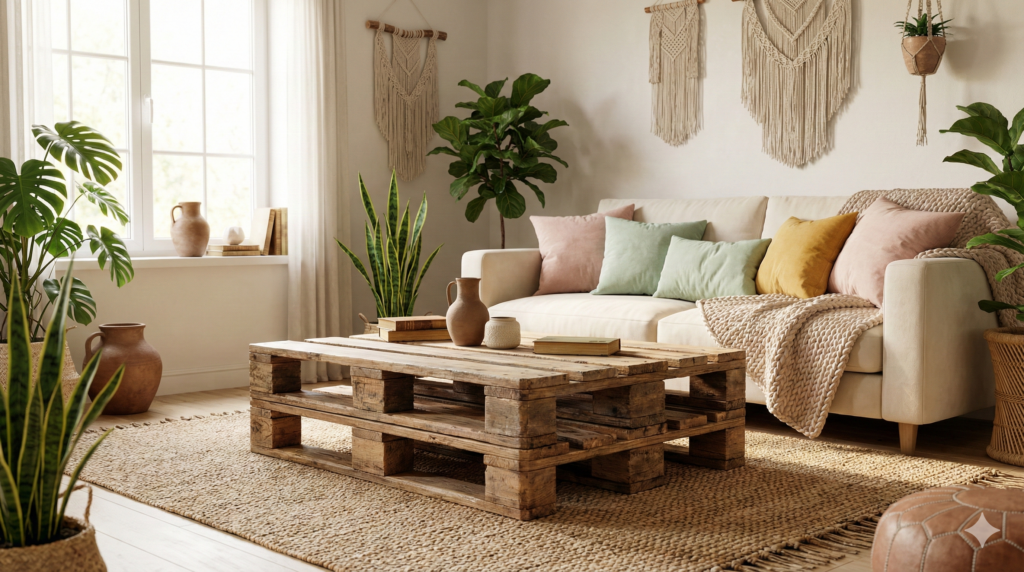 DIY Paletten-Couchtisch im Boho-Wohnzimmer – rustikaler Holztisch mit Rollen, Naturdeko und gemütlichem Vintage-Stil