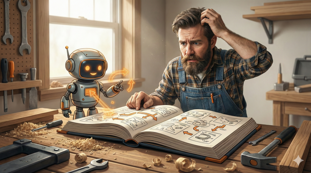 Grafik eines Heimwerkers mit verwirrtem Blick, der eine komplizierte Bauanleitung liest – humorvolle DIY-Szene aus der Werkstatt