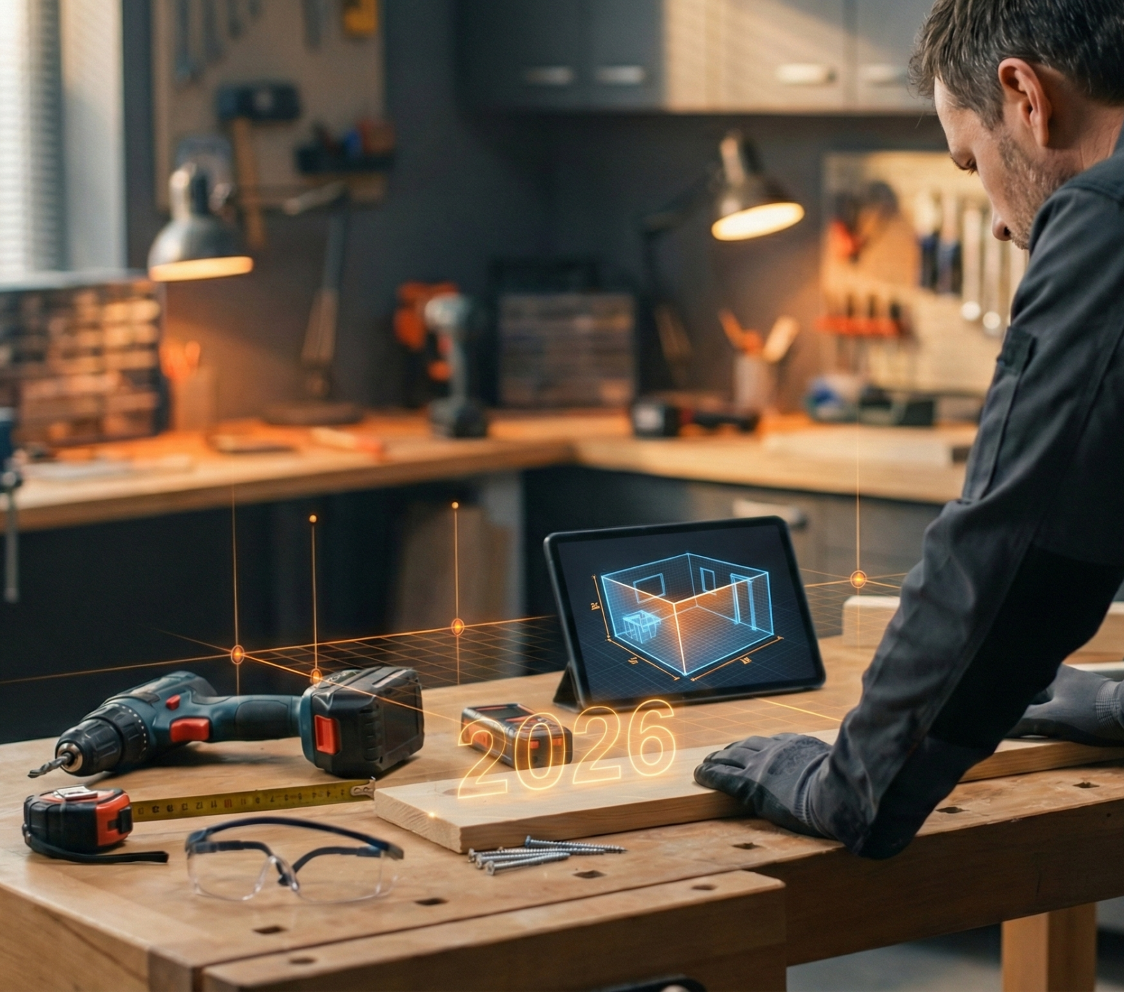 Werkbank mit Akkuwerkzeug und Tablet mit 3D-Raumscan als Symbol für KI-Trends 2026 im Heimwerken.