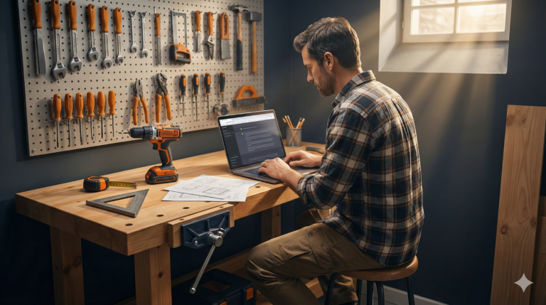 Heimwerker-Werkbank mit Laptop und ChatGPT-Chat, daneben Werkzeug und Skizzen – Symbolbild für den Ratgeber ‚ChatGPT im Heimwerken: 10 praktische Anwendungen für DIY-Projekte.