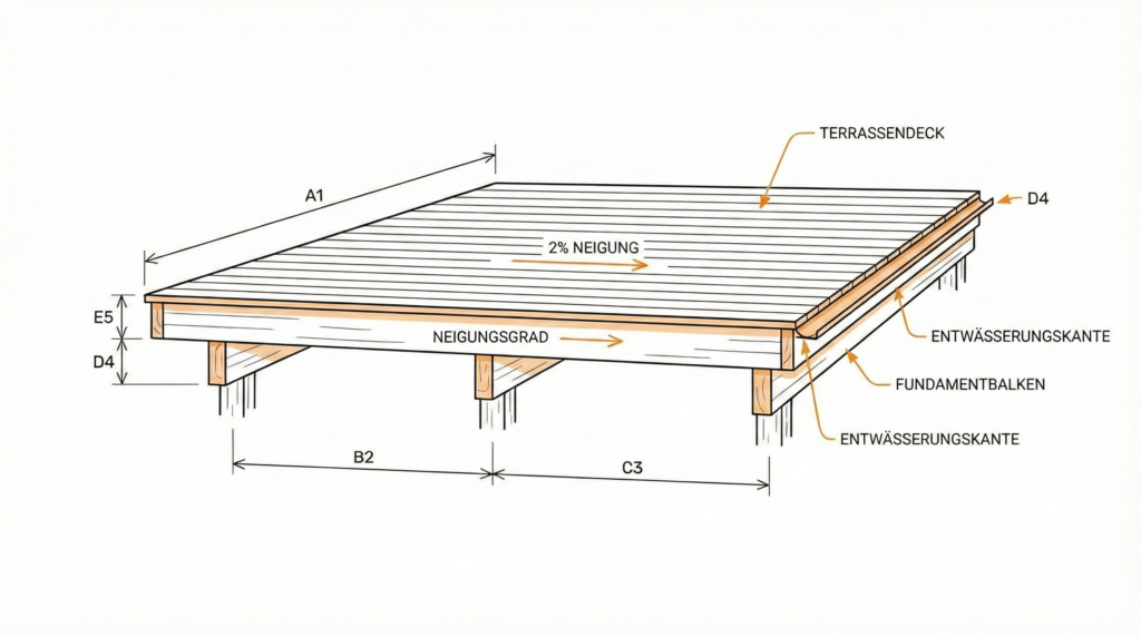 Technische Zeichnung einer rechteckigen Terrasse mit Maßangaben und 2 % Gefälle – Bauplan für DIY-Terrassenbau