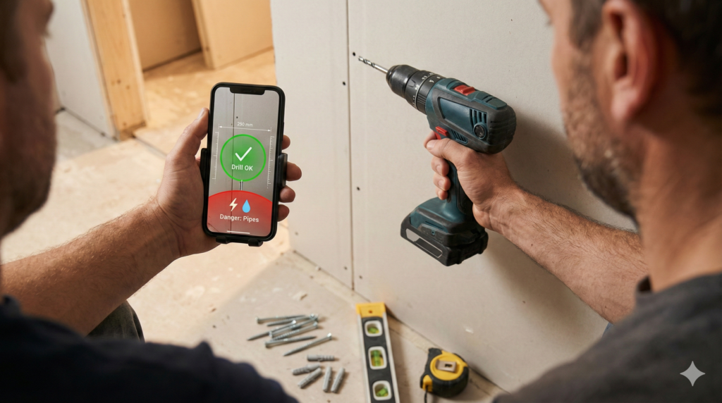 Heimwerker bohrt an Wand, Smartphone zeigt AR-Bohrpunkt und Warnzone für Leitung als KI-Hilfe.