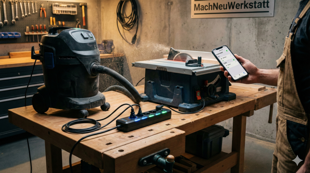 Heimwerker arbeitet mit einer Tischkreissäge, der Werkstattsauger startet automatisch über eine smarte Steckdosenleiste, ein Smartphone zeigt die Steuerung per App an.