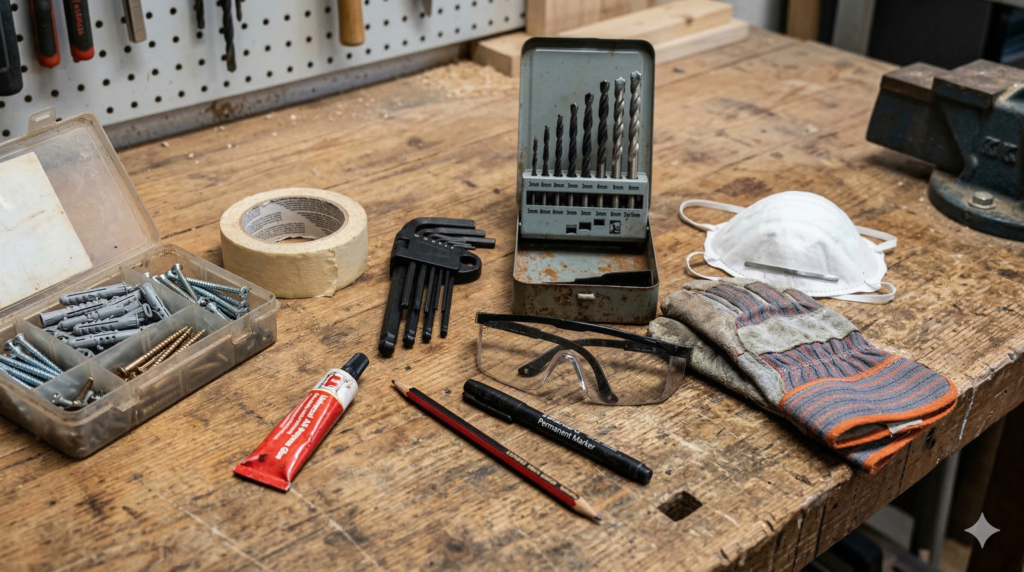 Ansicht einer Basic-Werkstatt-Ausstattung mit Bohrern, Schrauben, Schutzkleidung und Werkzeugen auf einer abgenutzten Holzwerkbank im MachNeuWerkstatt-Stil.