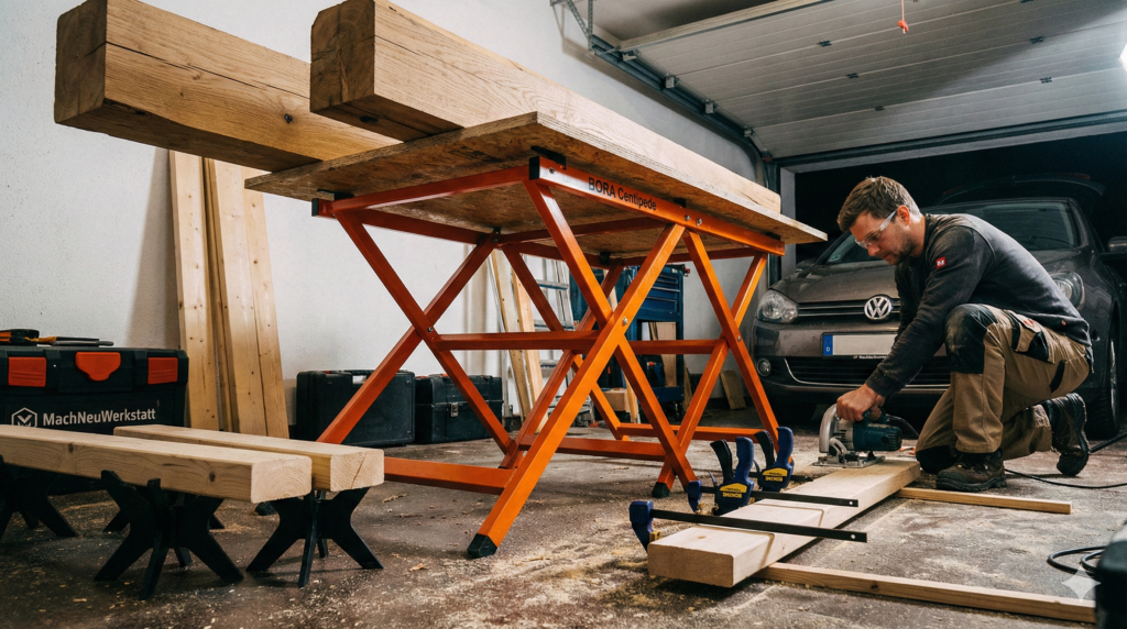 Faltbarer orangefarbener Stahl-Arbeitsbock wie BORA Centipede in einer Garage, mit Holzbalken und Arbeitsplatte beladen, ein Heimwerker bereitet einen Sägeschnitt vor, im Hintergrund steht ein Auto.