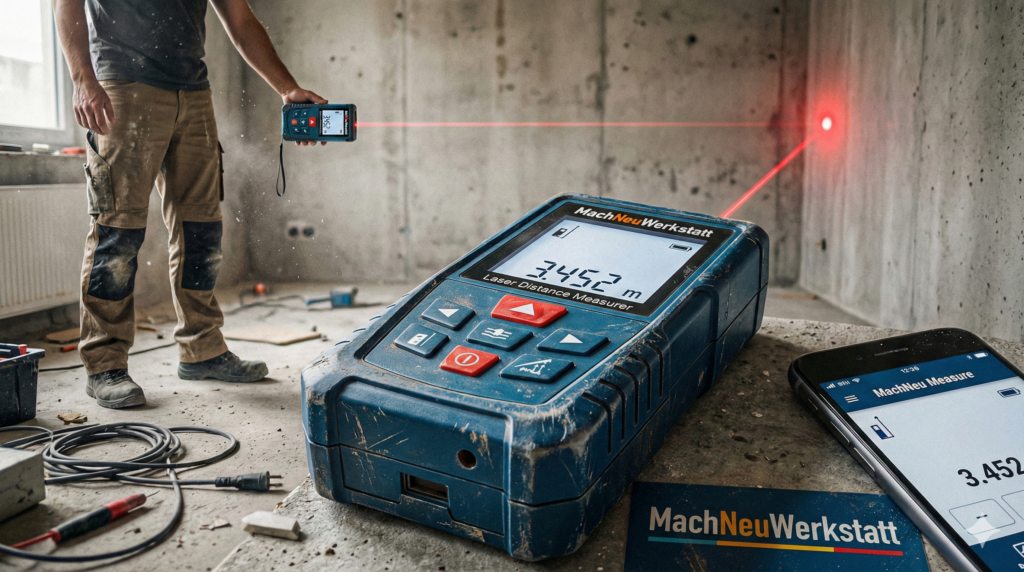 Heimwerker misst mit einem robusten blauen Laser-Entfernungsmesser auf einer staubigen Baustelle die Breite eines Raumes, Laserpunkt an der Wand, Messwert auf dem Display, daneben ein Smartphone mit Mess-App.