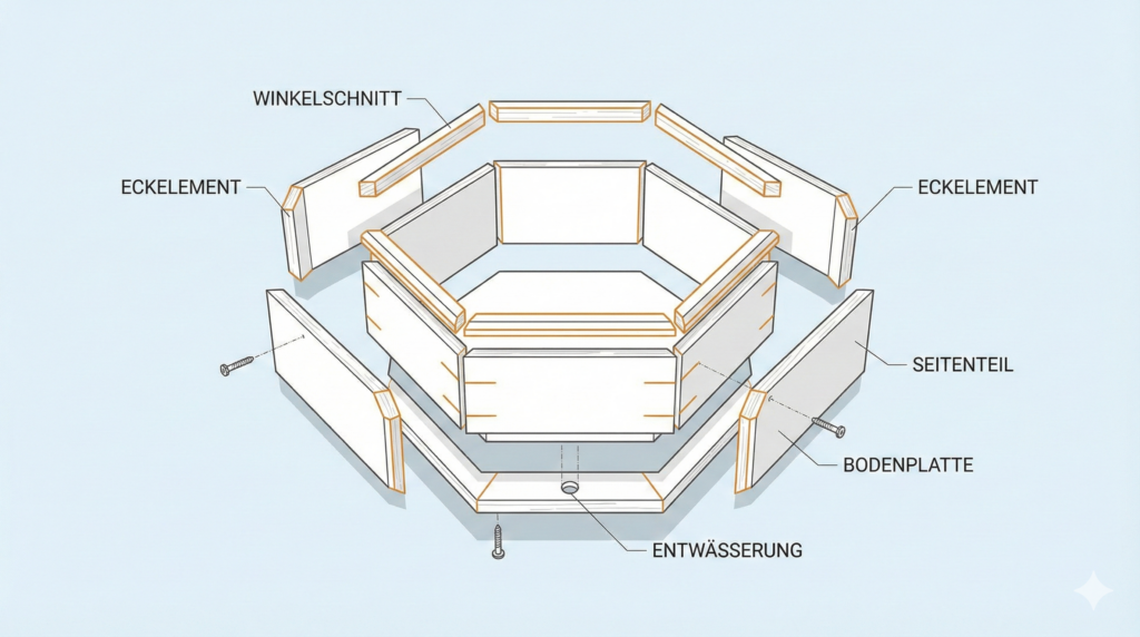 Explosionszeichnung eines DIY-Sechseck-Pflanzkübels aus Holz – detaillierte Illustration mit Einzelteilen und Verbindungselementen
