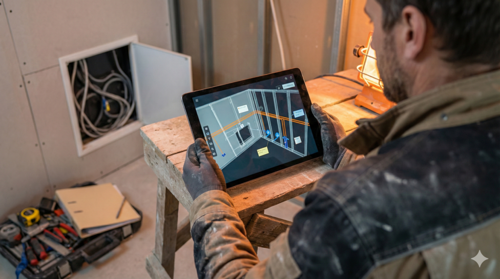 Tablet zeigt 3D-Hausmodell mit Markern für Leitungen und Notizen als digitaler Zwilling fürs Renovieren.