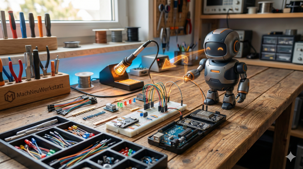 DIY-Elektronik-Arbeitsplatz mit Arduino-Board, LEDs, Sensoren und Kabeln – daneben ein Mini-Roboter mit Bauhelm, der Anleitungen gibt