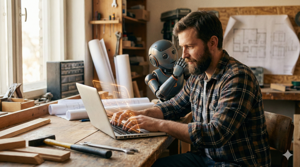 Heimwerker am Schreibtisch mit Laptop schreibt E-Mails und Dokumente – im Hintergrund Werkstatt und Baupläne, daneben kleiner Roboter als KI-Assistent