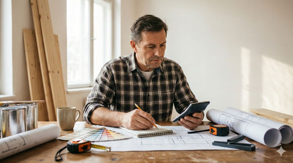 Heimwerker sitzt am Schreibtisch mit Taschenrechner, Notizblock und Bauplänen – Projektplanung und Kostenkalkulation für DIY-Projekt