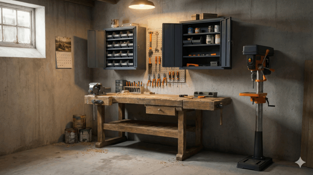 Fortgeschrittene Heimwerker-Werkstatt mit stabiler Werkbank, Hängeschränken und Ständerbohrmaschine – perfekt organisiert und professionell ausgestattet