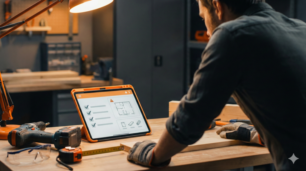 Heimwerker an Werkbank mit Werkzeug und Tablet-Checkliste als Symbol für KI-Hilfe beim Bauen 2026.