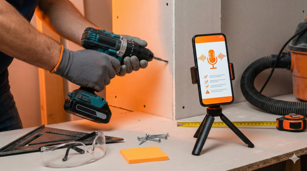 Heimwerker arbeitet mit Akkuschrauber, Smartphone zeigt Sprachmodus und Checkliste als KI-Bau-Coach.