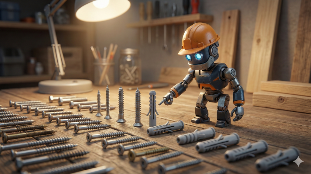 Nahaufnahme von Schrauben und Dübeln auf Holztisch – kleiner Roboter mit Bauhelm zeigt auf den passenden Dübel, Symbol für KI im Handwerk