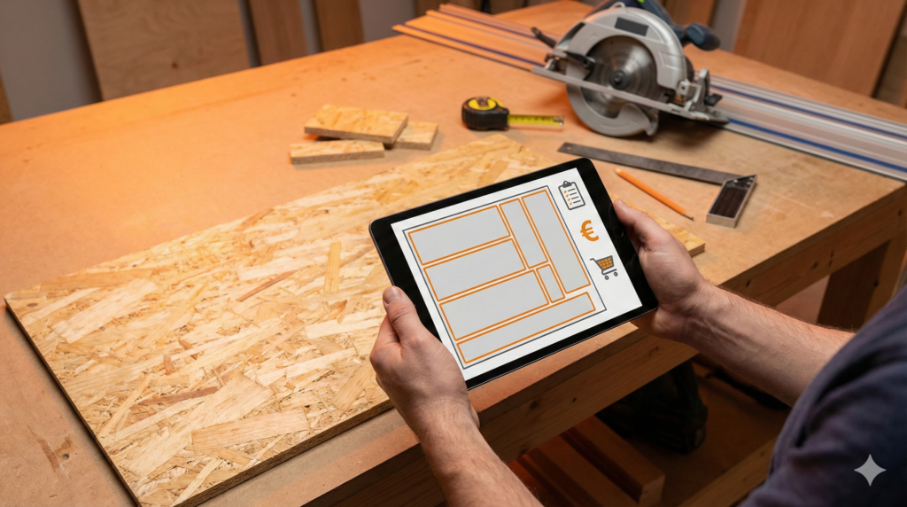 Tablet zeigt Zuschnittplan und Stückliste auf Werkbank mit Holzplatte für KI-Materialplanung im Heimwerken.