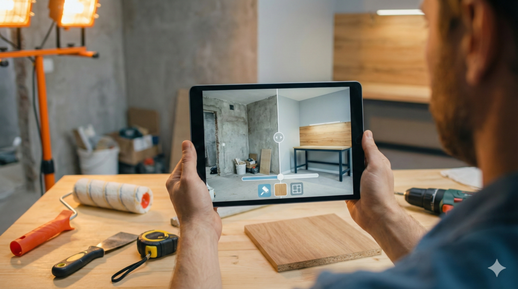 Tablet zeigt Vorher-Nachher-Visualisierung eines Raums für KI-Interior und Renovierungsplanung im Heimwerken.                            