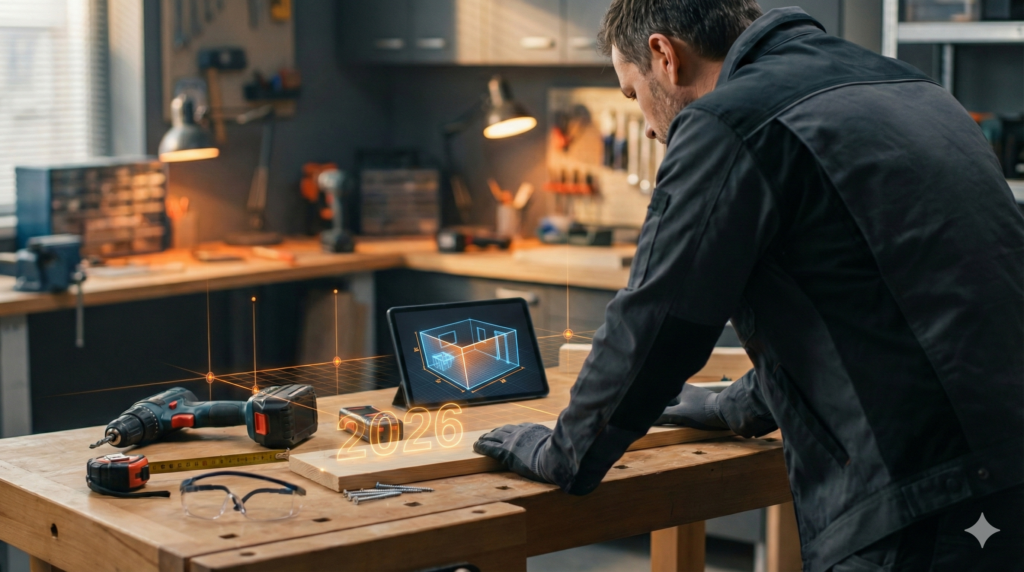 Werkbank mit Akkuwerkzeug und Tablet mit 3D-Raumscan als Symbol für KI-Trends 2026 im Heimwerken.