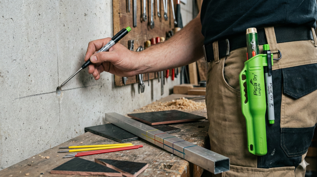 Heimwerker markiert mit einem grünen Tieflochmarker Pica Dry durch ein Bohrloch eine feine Linie an einer Betonwand, daneben liegen gelbe und rote Minen sowie schwarze Fliesen mit farbigen Anrissen.