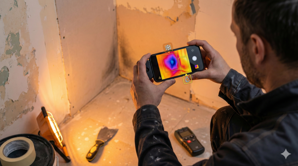 Smartphone mit Thermografie zeigt kalte Wandstelle als Hinweis auf Wärmebrücke oder Feuchte bei Renovierung.