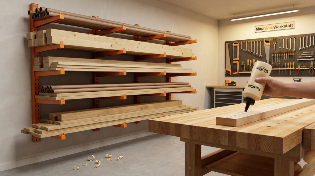 Aufgeräumte Heimwerker-Werkstatt mit orangefarbenem Wandregalsystem für Holzlagerung, sauber gestapelten Holzbalken und Latten, im Vordergrund eine Werkbank mit verleimter Holzplatte und ergonomischer Leimflasche, die eine saubere Leimraupe aufträgt.