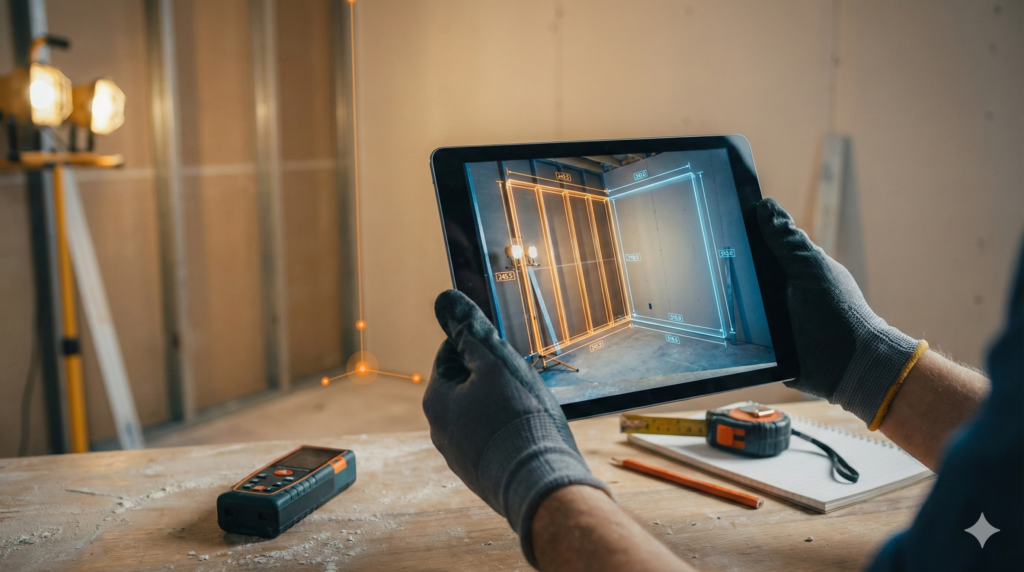 Smartphone zeigt 3D-Raumscan mit Grundriss und Maßlinien für KI-Aufmaß im Heimwerken.